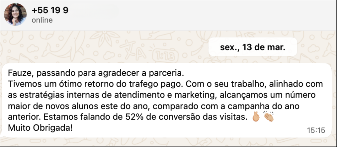 Print de depoimento sobre resultado de tráfego pago